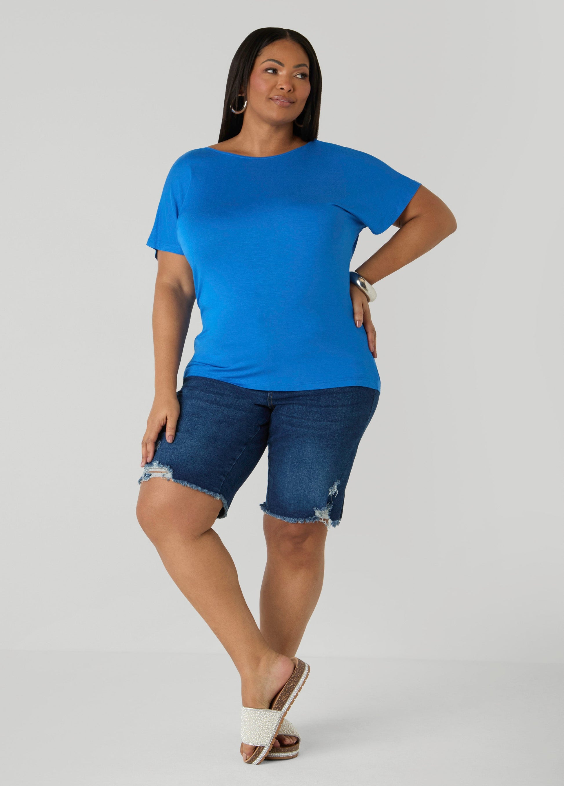 Ashley Stewart Lace Paneled Open Back Top Victoria Blue