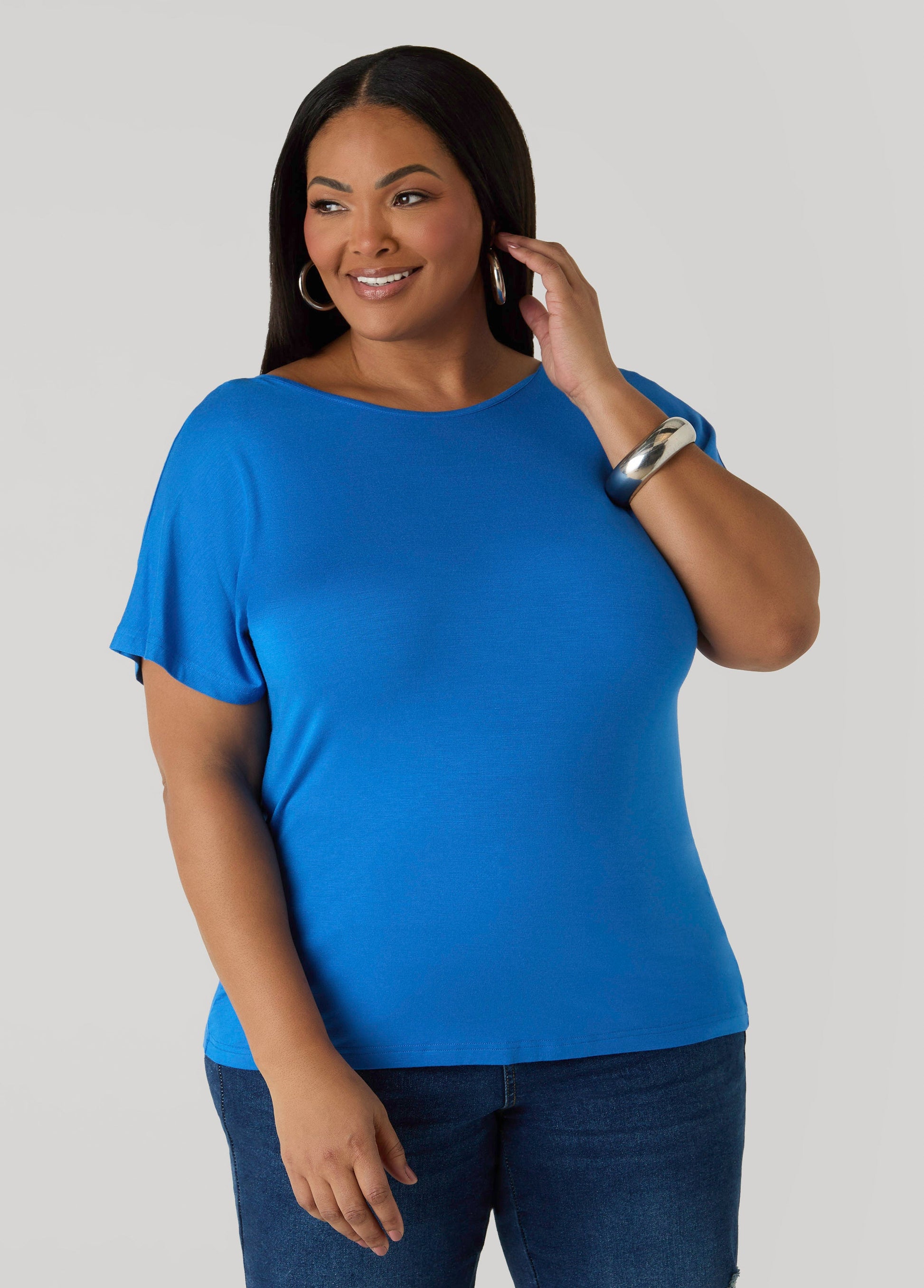 Ashley Stewart Lace Paneled Open Back Top Victoria Blue