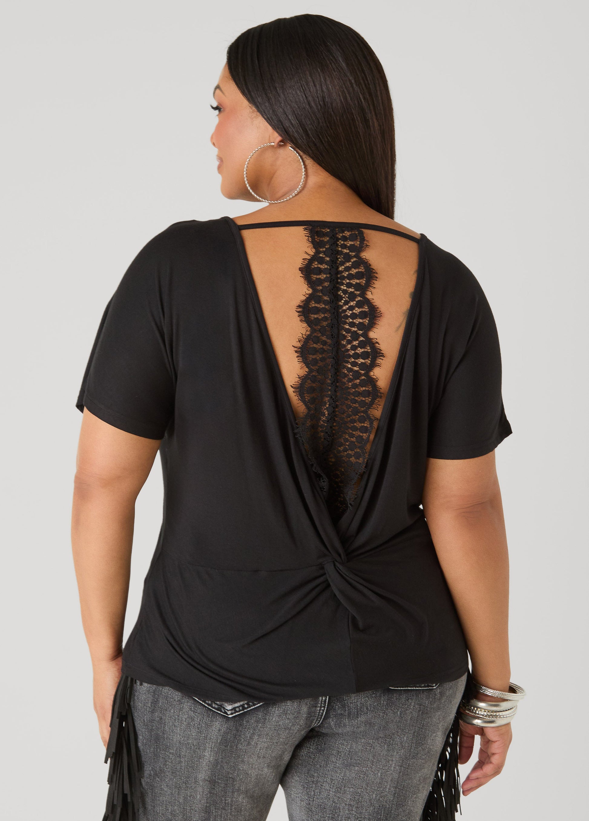 Ashley Stewart Lace Paneled Open Back Top Victoria Blue