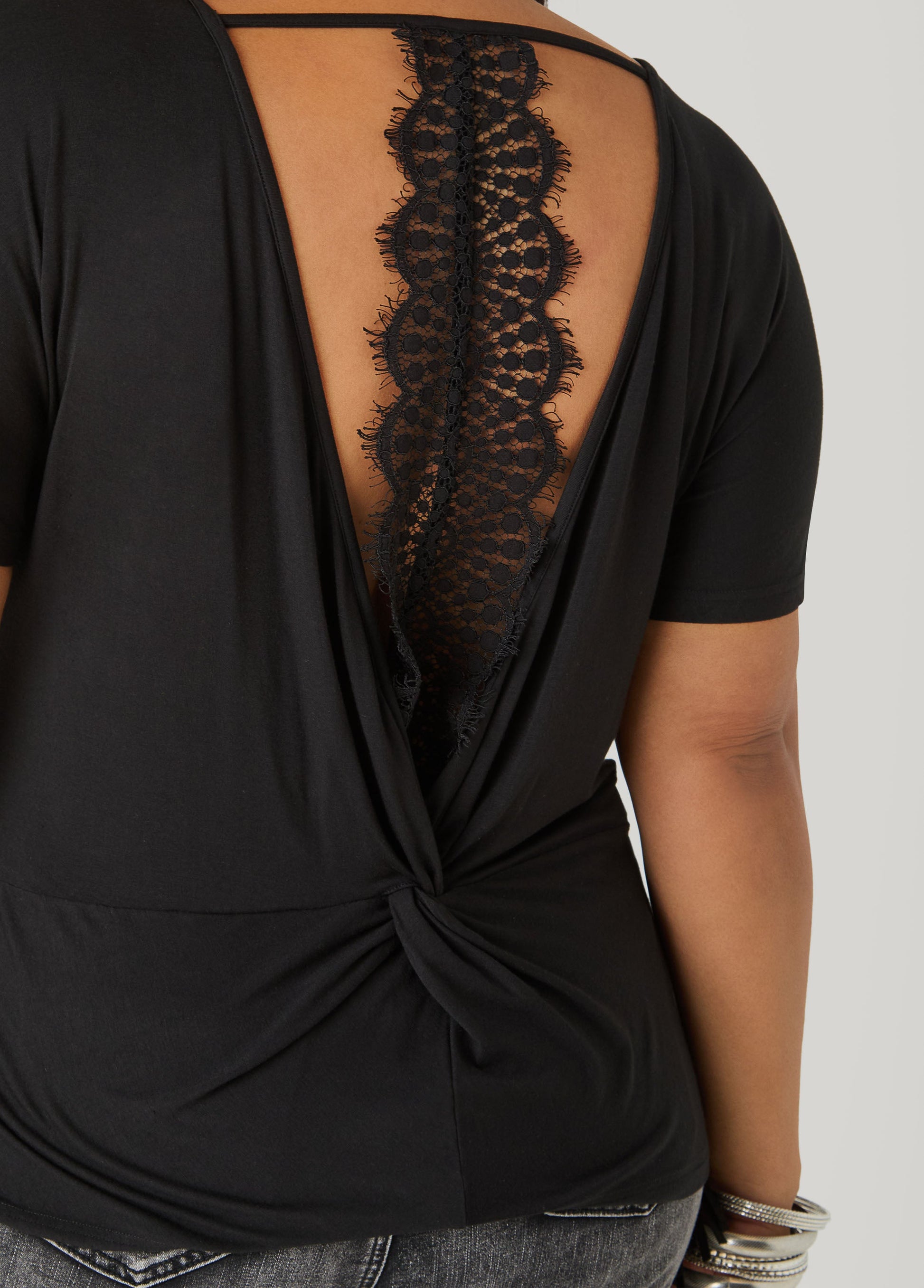 Ashley Stewart Lace Paneled Open Back Top Victoria Blue
