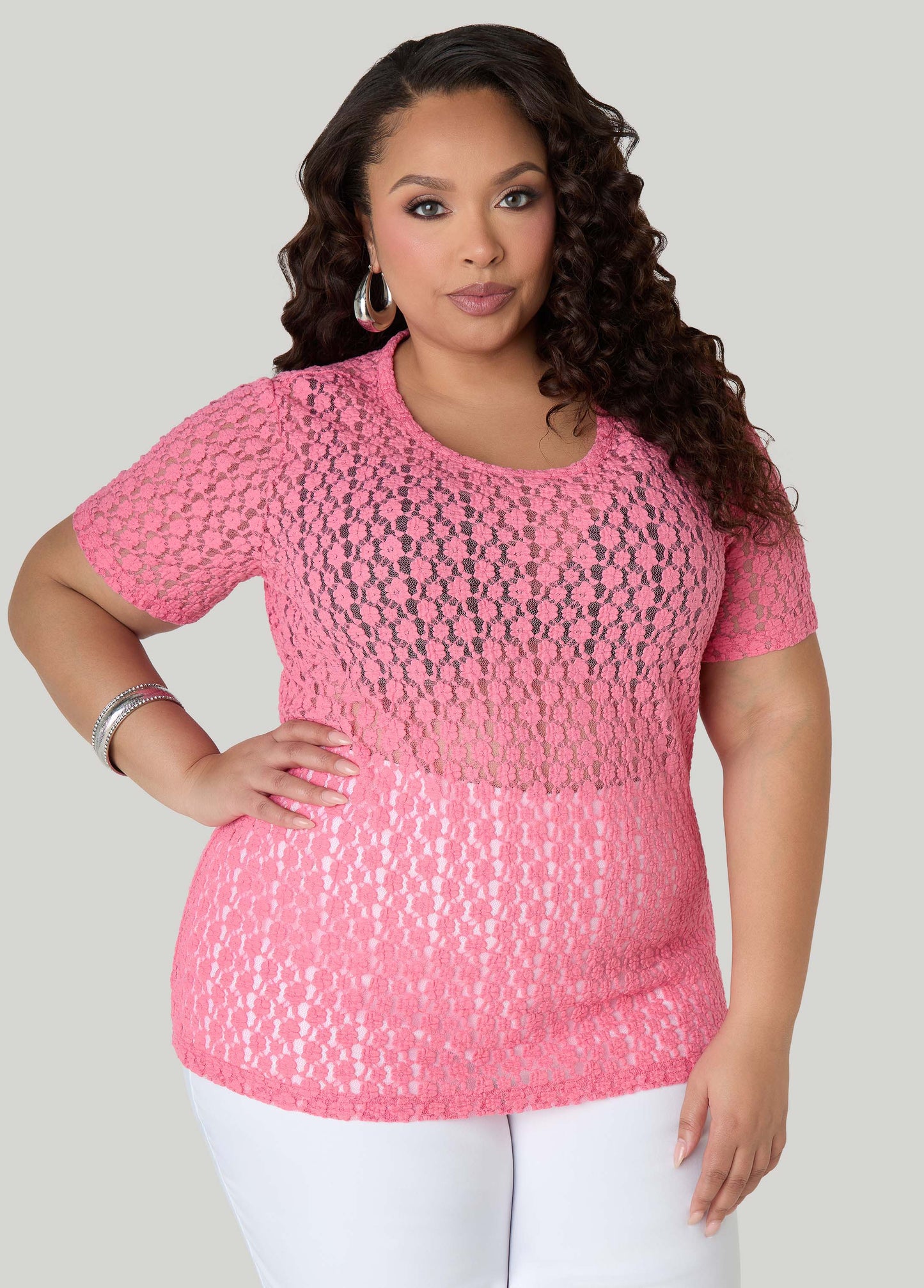 Ashley Stewart Floral Mesh Tee Confetti