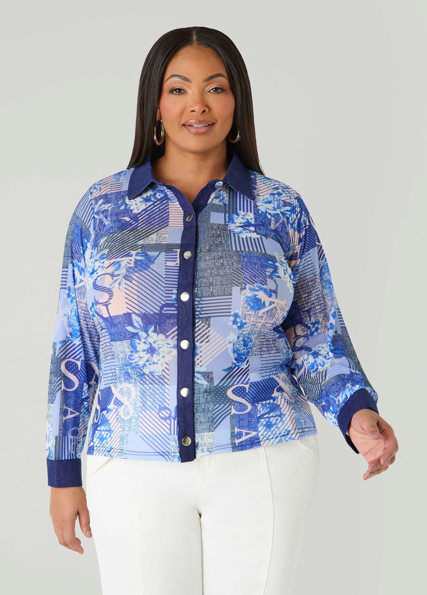 Ashley Stewart Denim Trimmed Printed Mesh Shirt Denim Blue