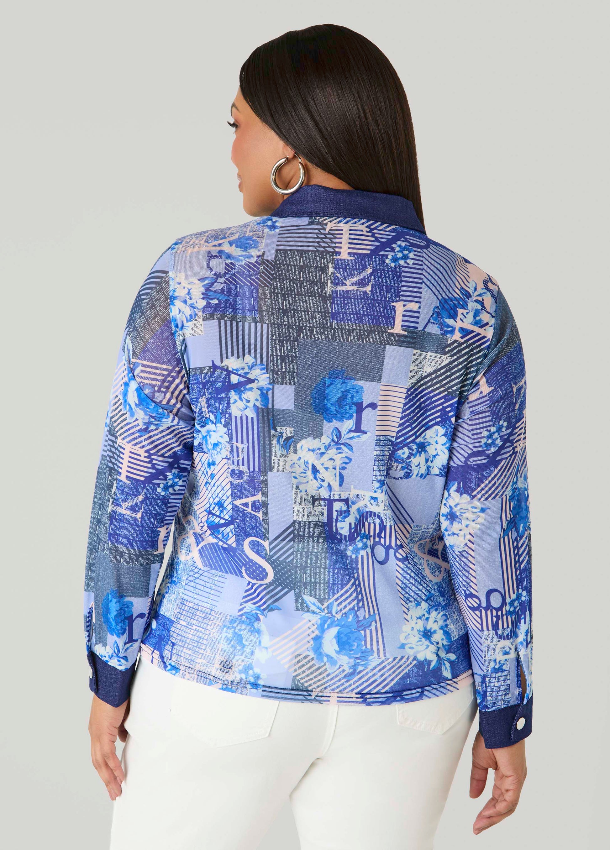 Ashley Stewart Denim Trimmed Printed Mesh Shirt Denim Blue