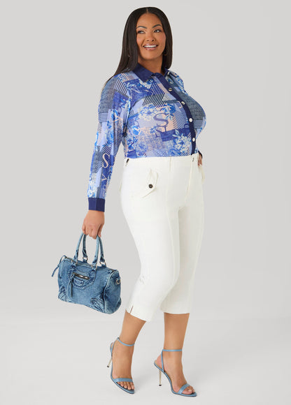 Ashley Stewart Denim Trimmed Printed Mesh Shirt Denim Blue