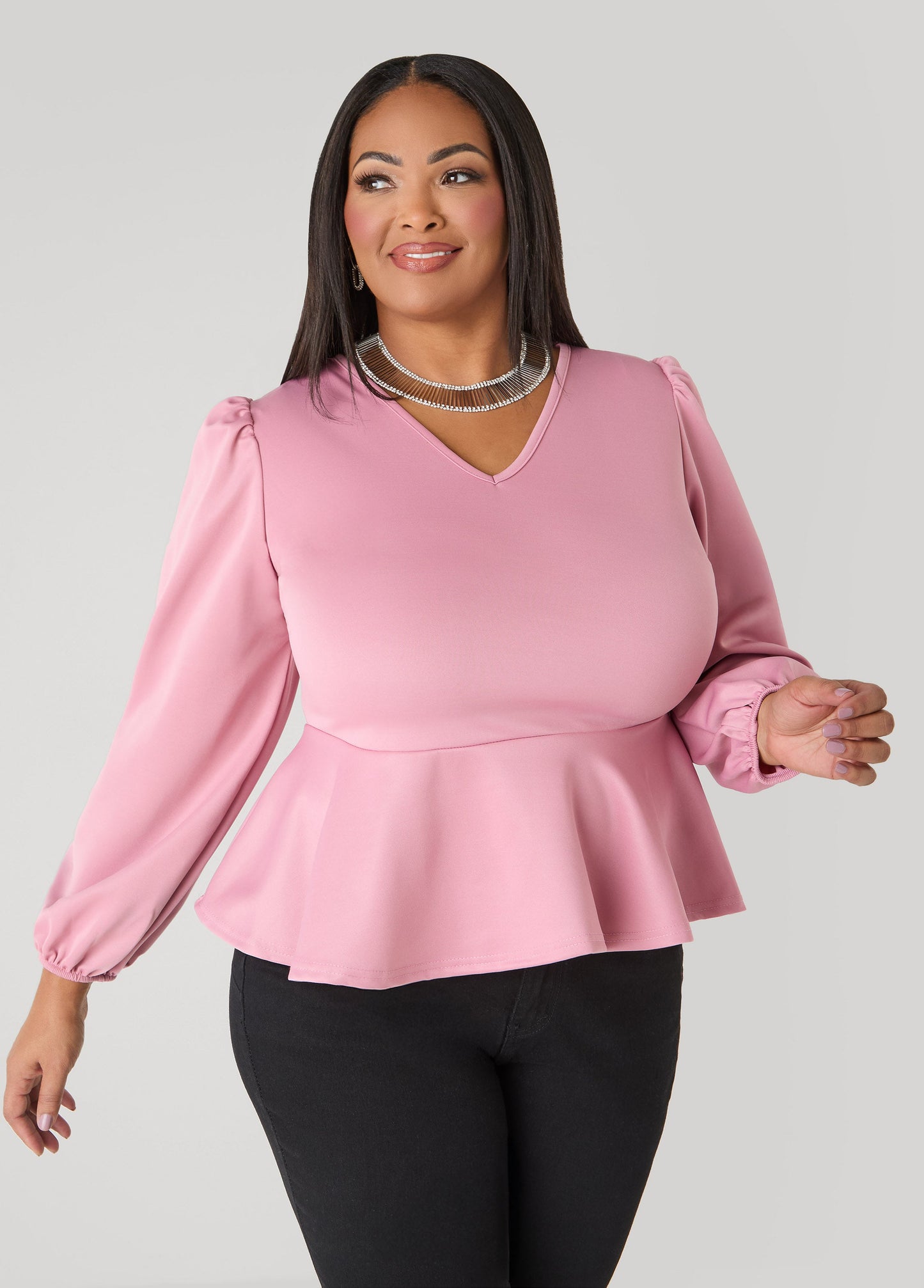 Ashley Stewart Puff Sleeved Peplum Top Foxglove