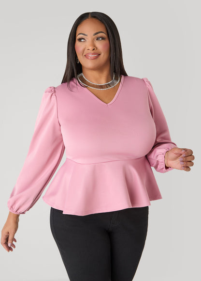 Ashley Stewart Puff Sleeved Peplum Top Foxglove