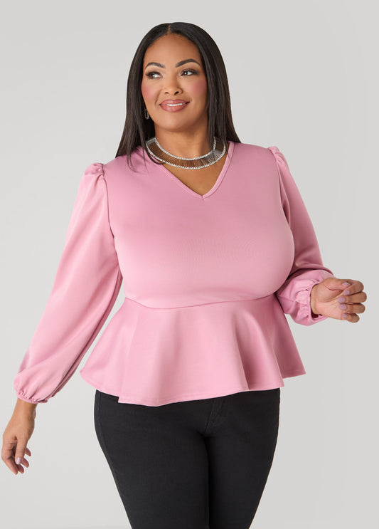 Ashley Stewart Puff Sleeved Peplum Top Foxglove