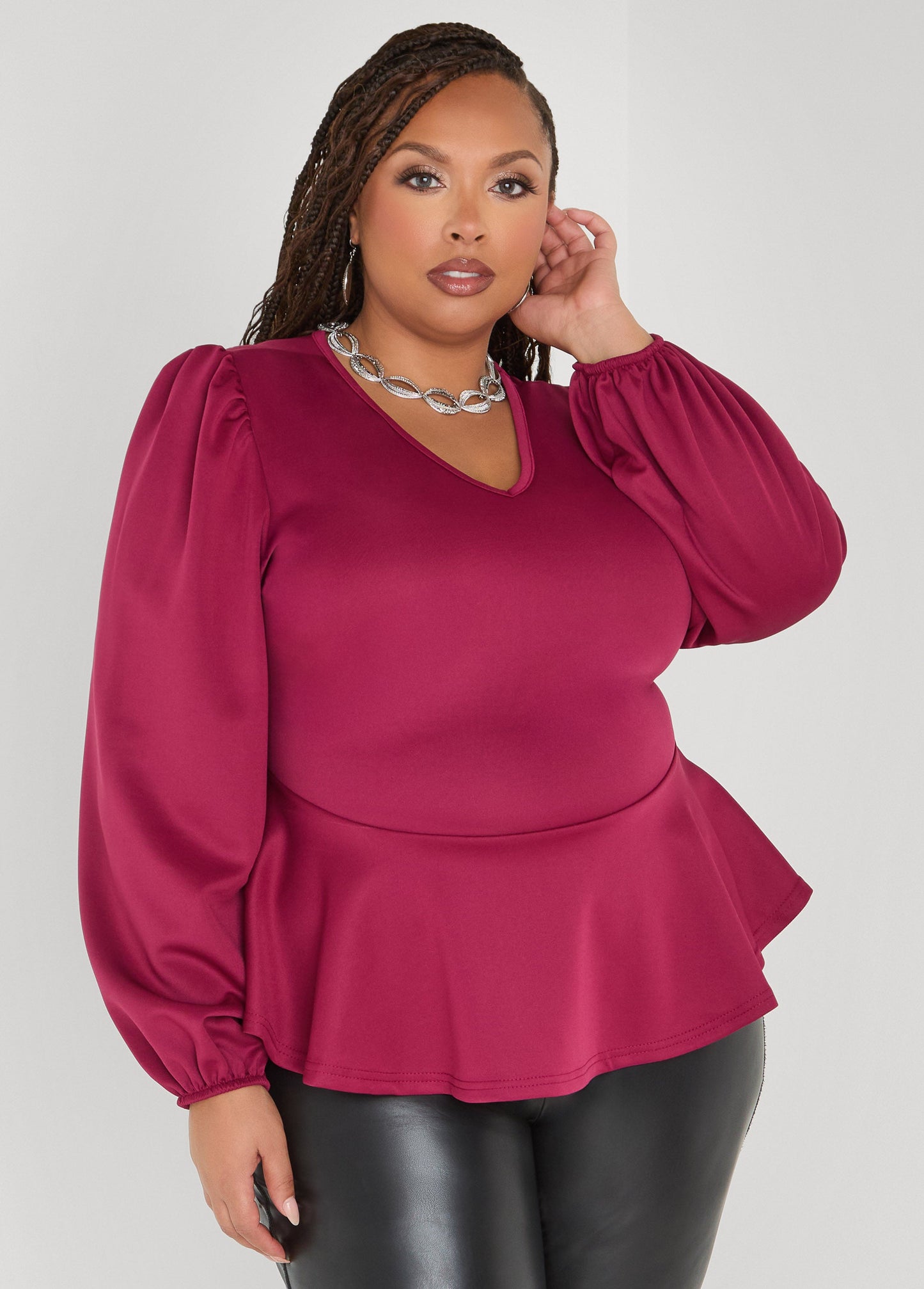 Ashley Stewart Puff Sleeved Peplum Top Foxglove