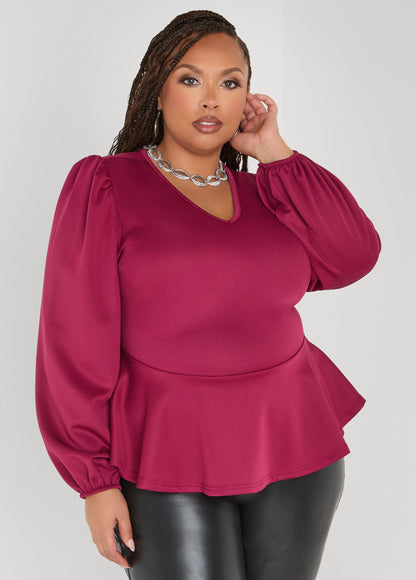 Ashley Stewart Puff Sleeved Peplum Top Foxglove