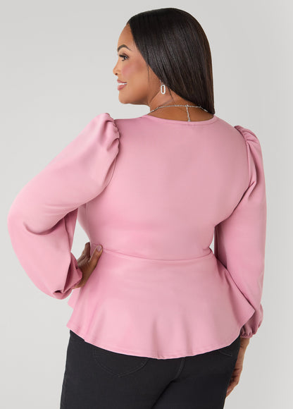 Ashley Stewart Puff Sleeved Peplum Top Foxglove