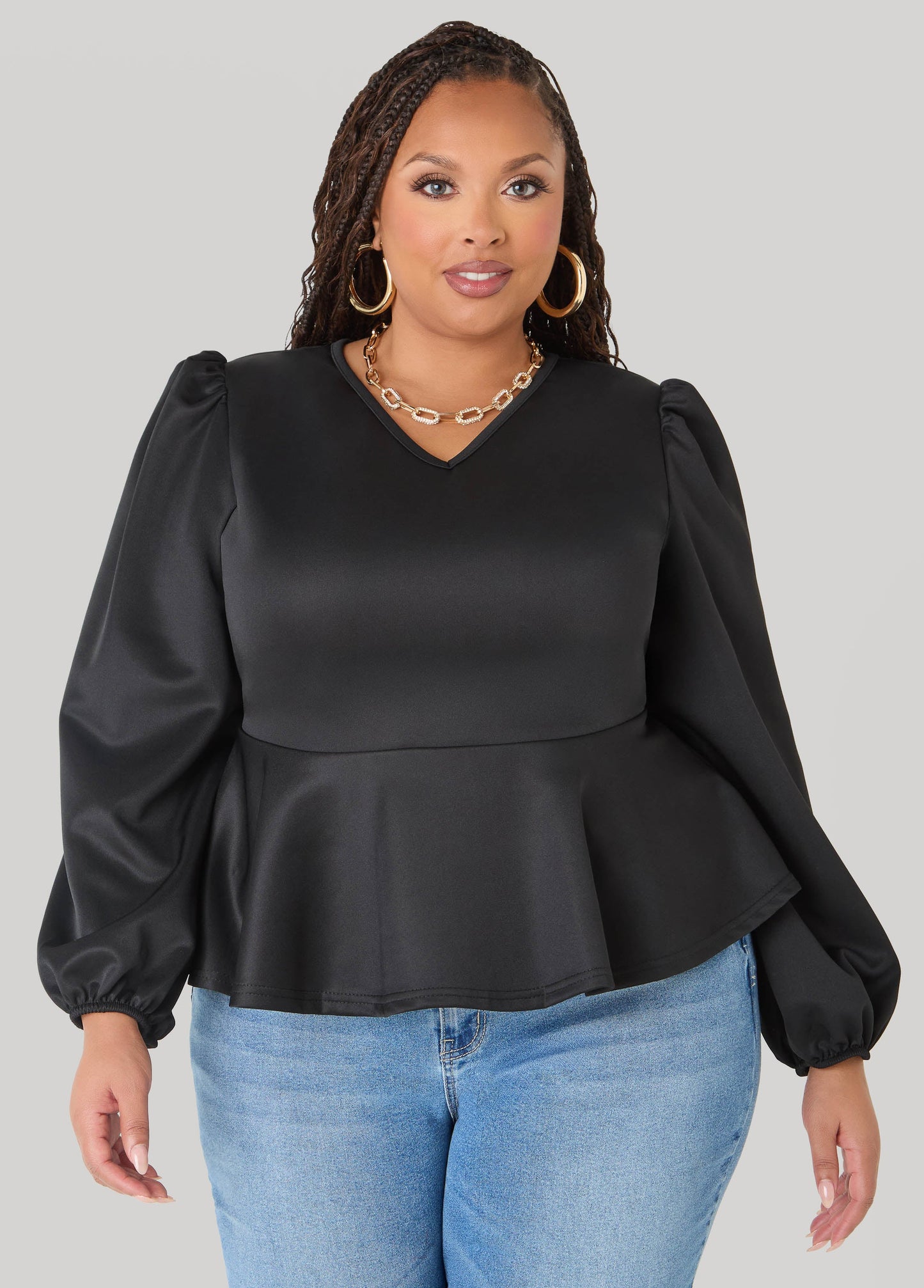 Ashley Stewart Puff Sleeved Peplum Top Foxglove