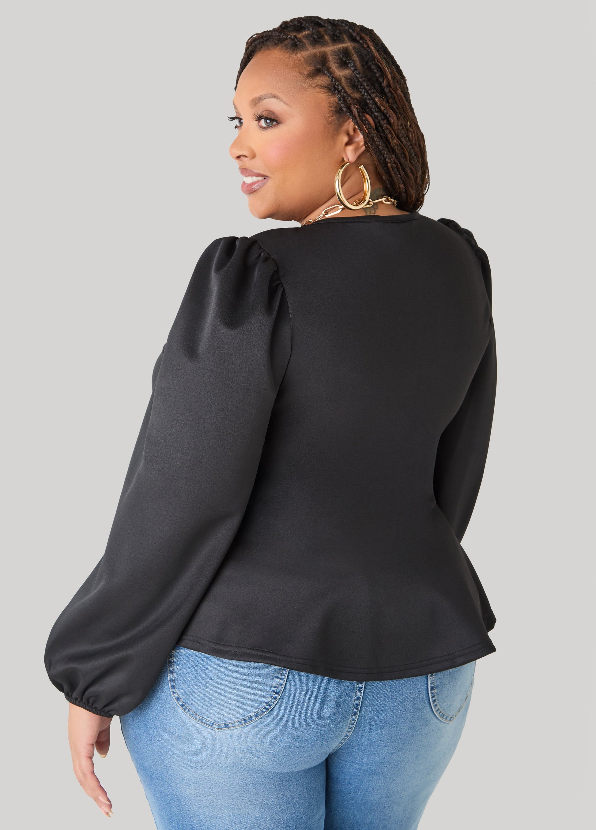 Ashley Stewart Puff Sleeved Peplum Top Foxglove