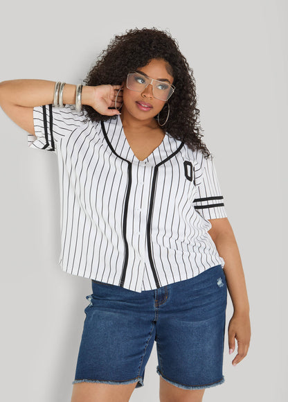 Ashley Stewart Striped Baseball Jersey Black White