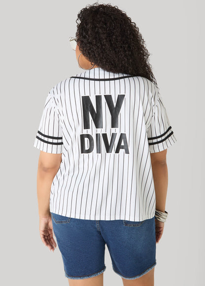 Ashley Stewart Striped Baseball Jersey Black White