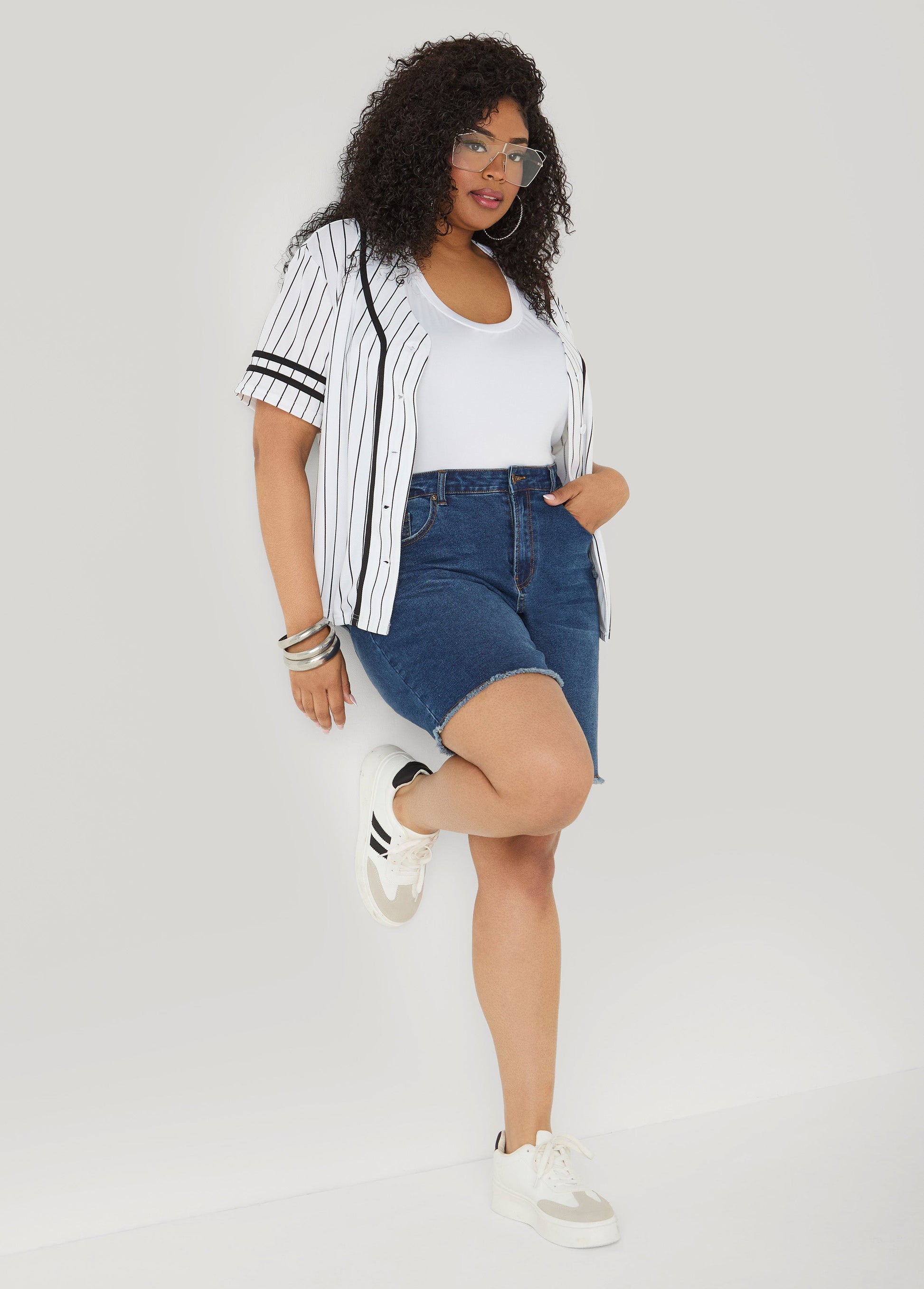 Ashley Stewart Striped Baseball Jersey Black White
