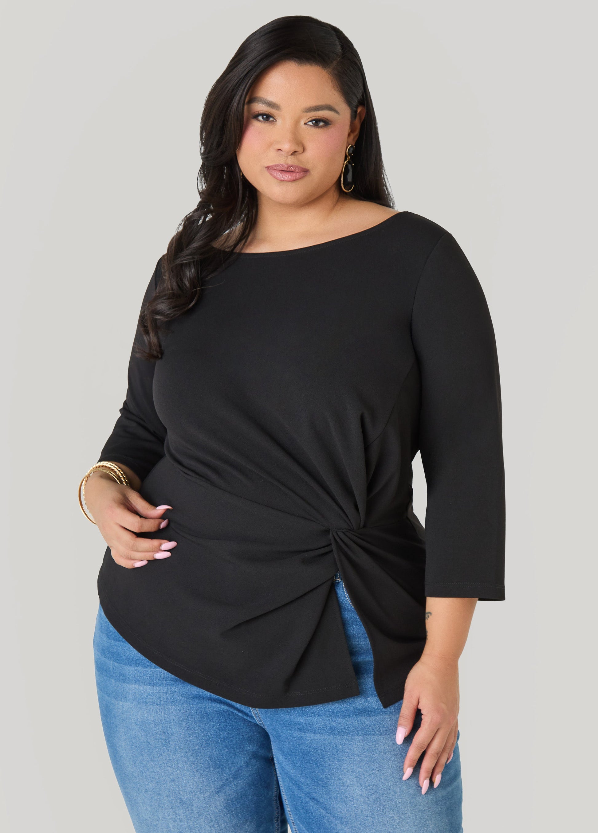 Ashley Stewart Knotted Boat Neck Top Black
