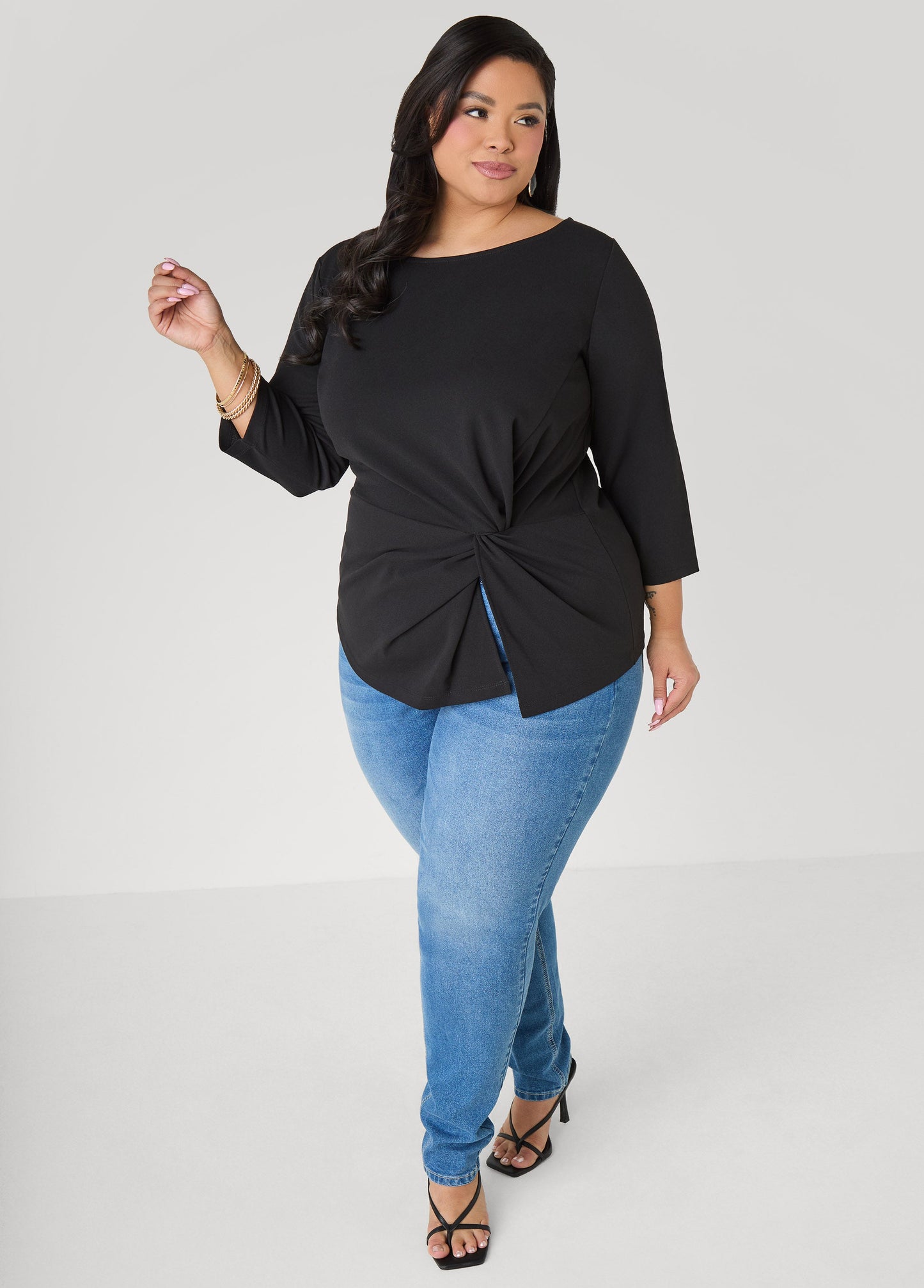 Ashley Stewart Knotted Boat Neck Top Black