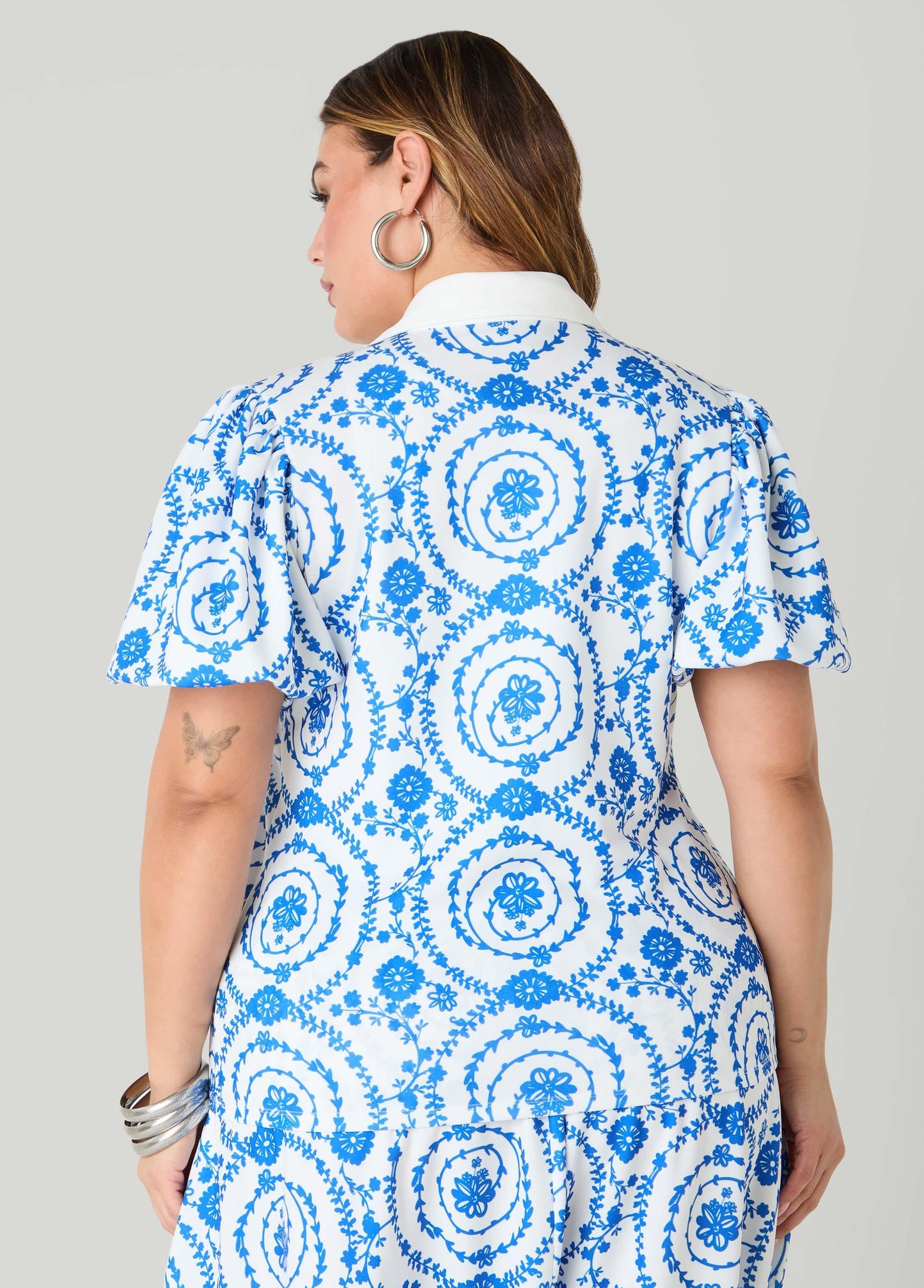 Ashley Stewart Puff Sleeved Floral Print Shirt Victoria Blue