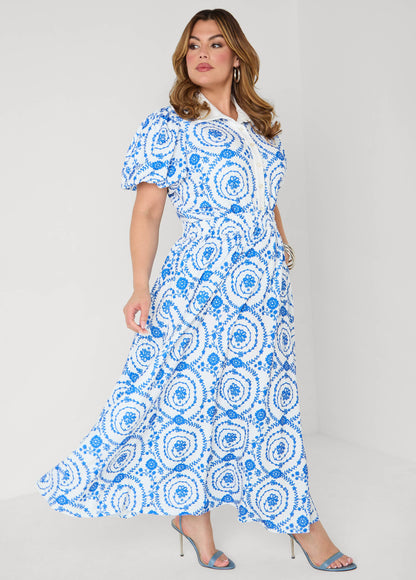 Ashley Stewart Puff Sleeved Floral Print Shirt Victoria Blue