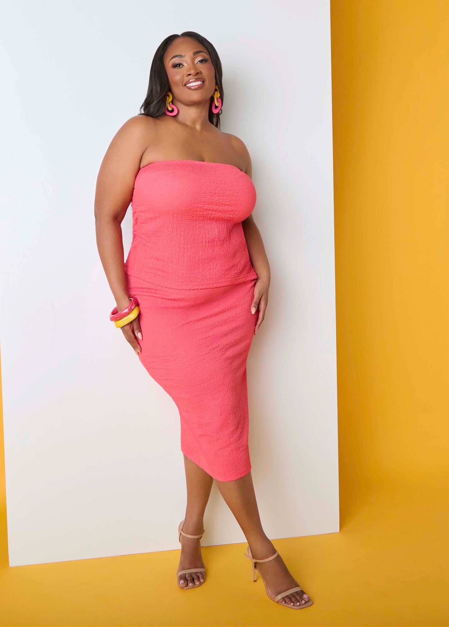 Ashley Stewart Textured Asymmetric Tube Top Calypso Coral