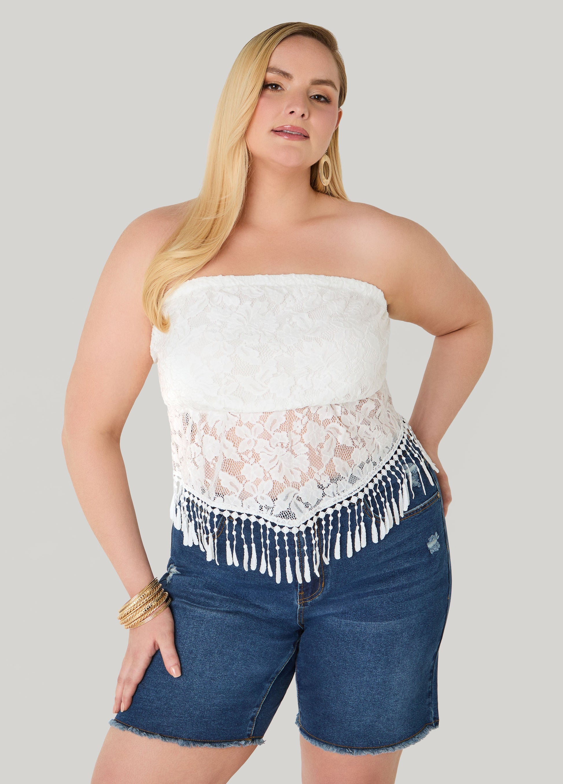Ashley Stewart Fringed Floral Lace Tube Top White