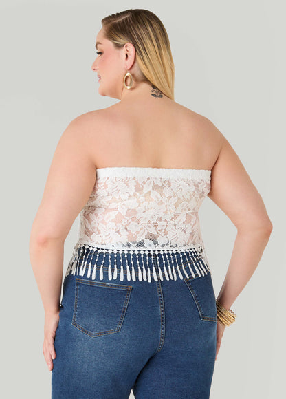 Ashley Stewart Fringed Floral Lace Tube Top White
