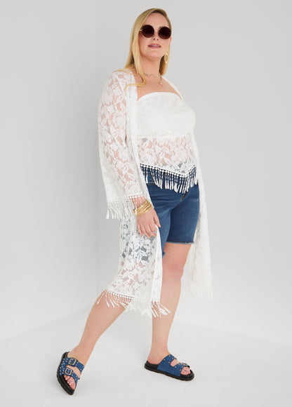 Ashley Stewart Fringed Floral Lace Tube Top White