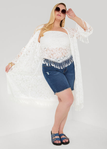Ashley Stewart Fringed Floral Lace Tube Top White