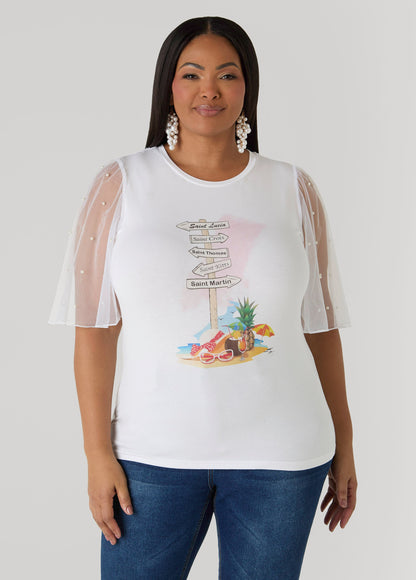 Ashley Stewart Island Vibes Paneled Graphic Tee White