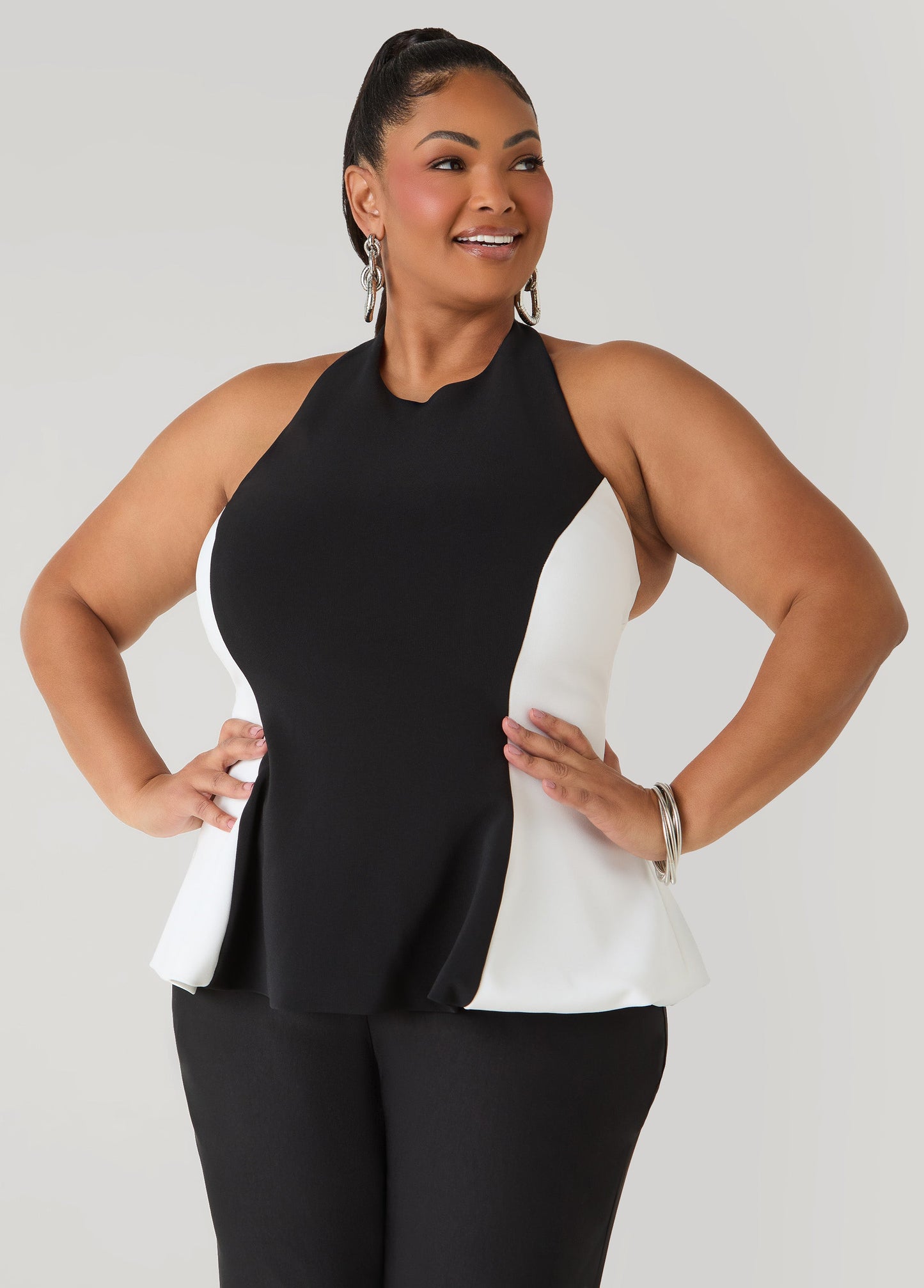 Ashley Stewart Two Tone Peplum Halter Top Black White