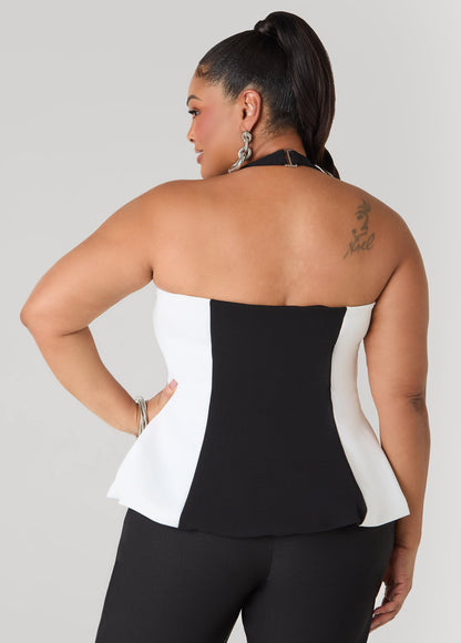 Ashley Stewart Two Tone Peplum Halter Top Black White