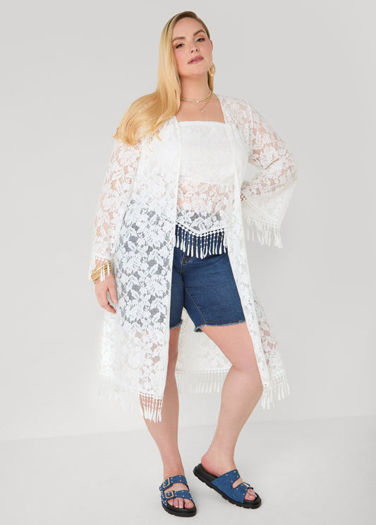 Ashley Stewart Fringed Floral Lace Duster White