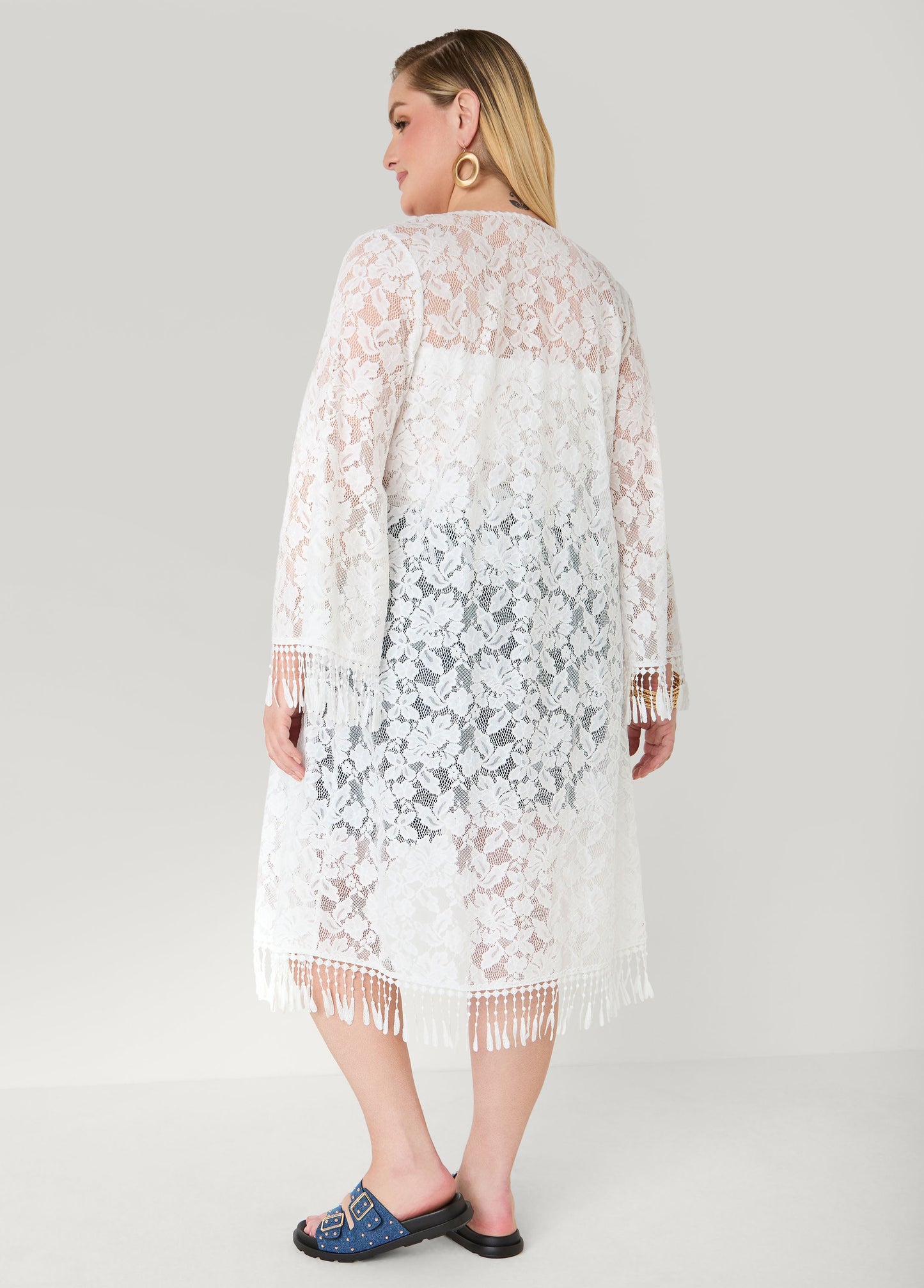 Ashley Stewart Fringed Floral Lace Duster White