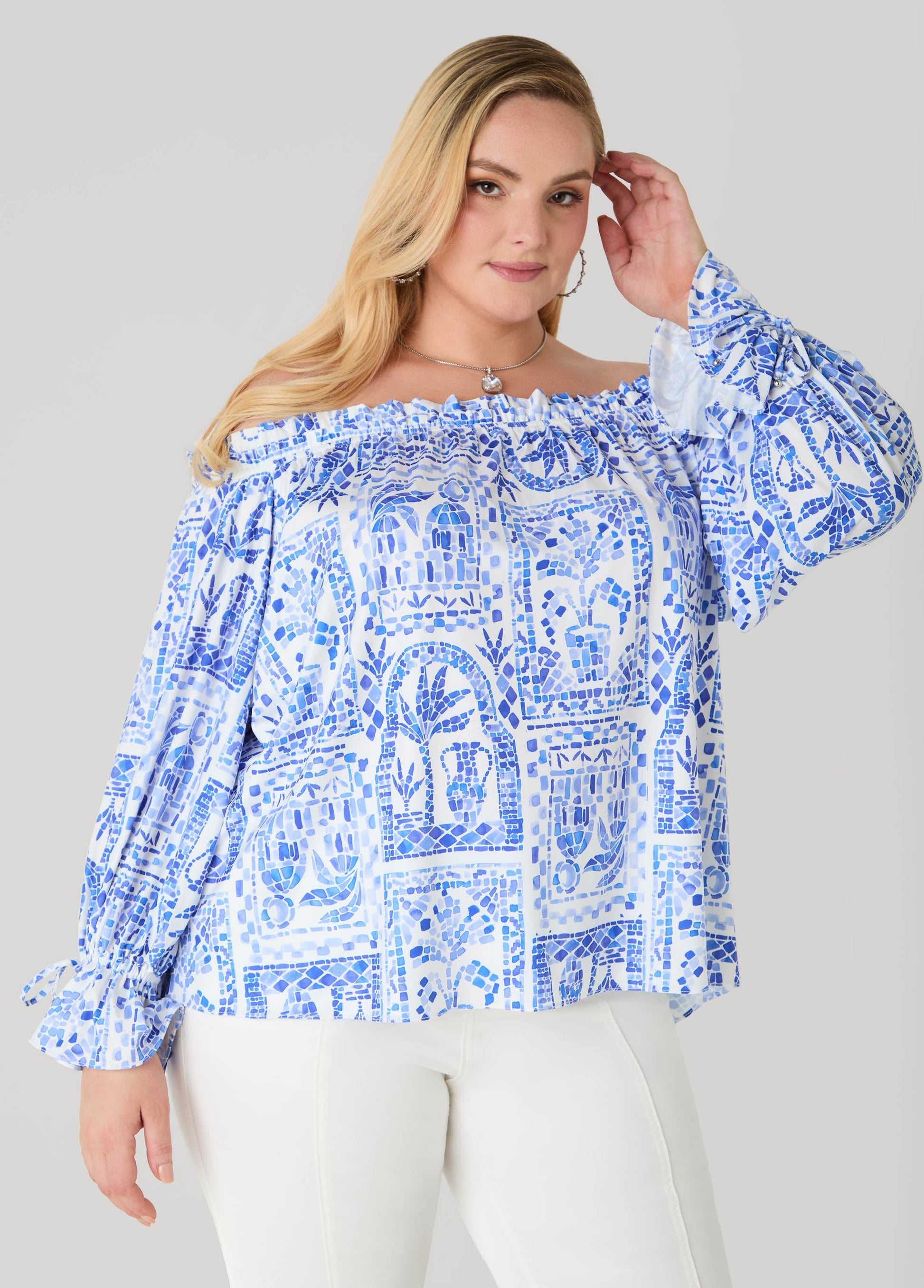 Ashley Stewart Off The Shoulder Tile Print Top Multi