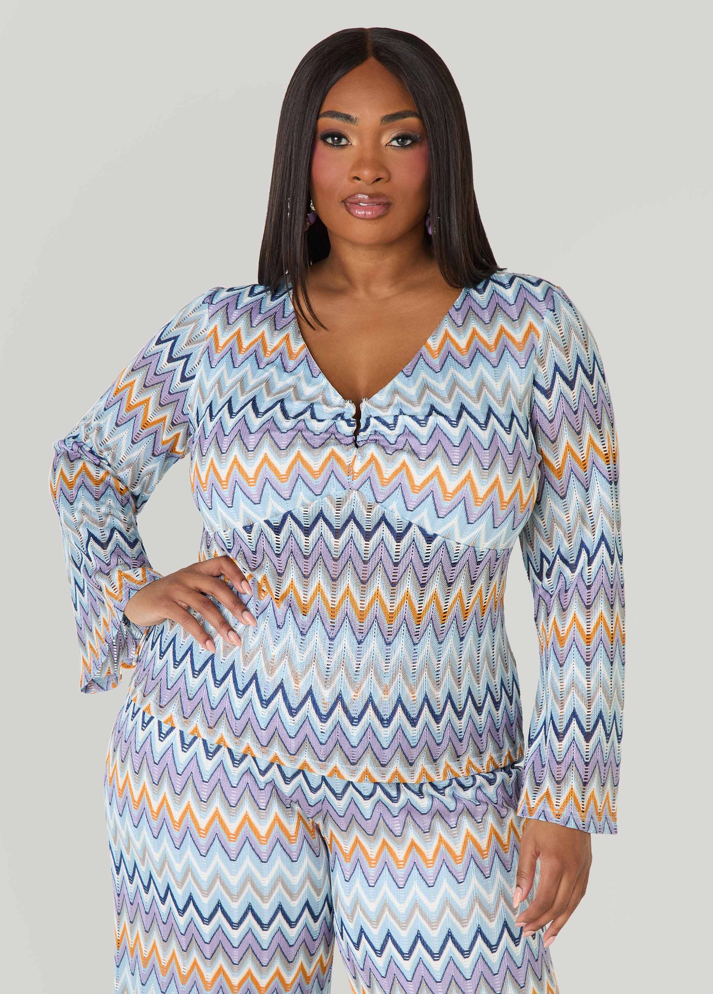 Ashley Stewart U Ring Chevron Knit Top Multi