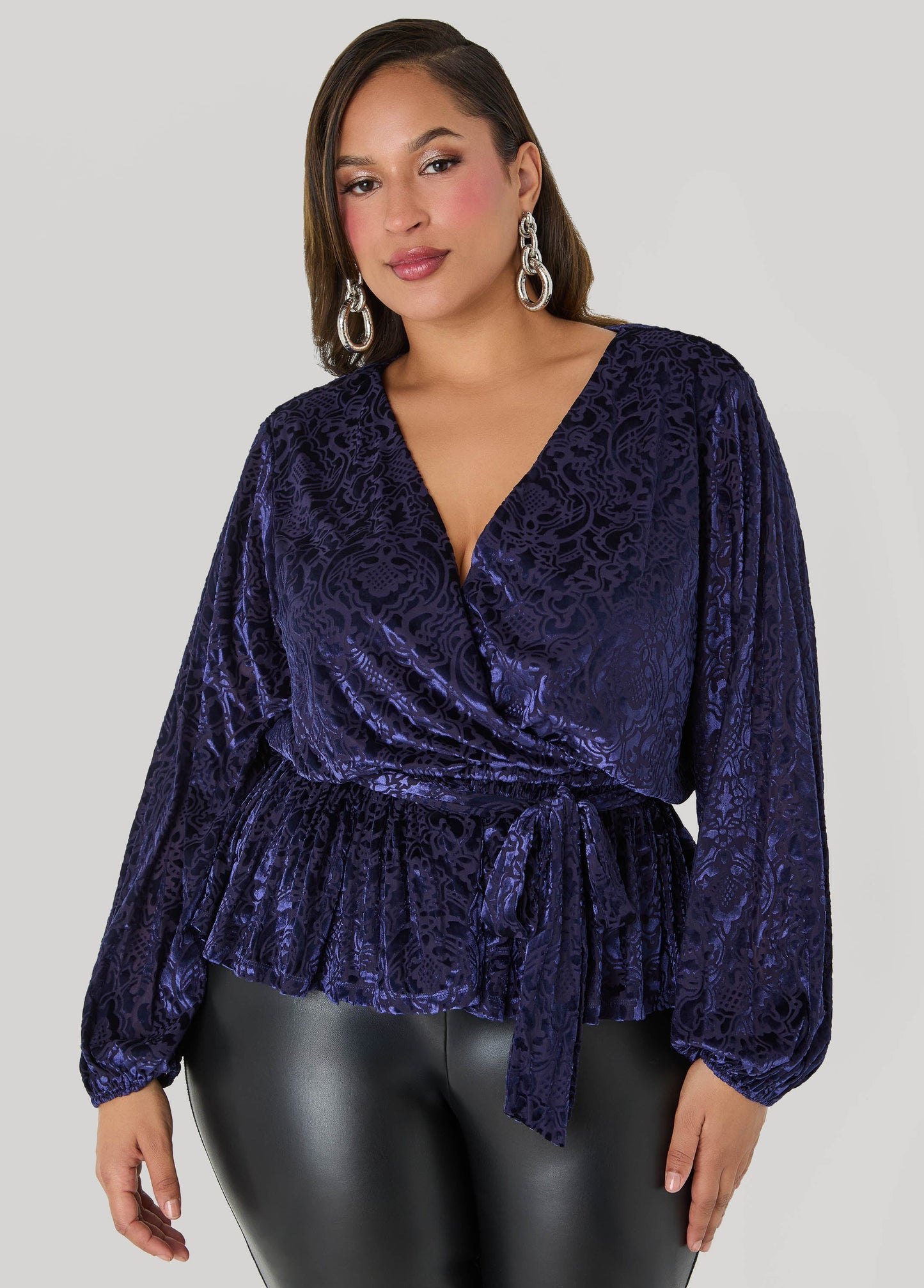 Ashley Stewart Burnout Velvet Faux Wrap Top Navy
