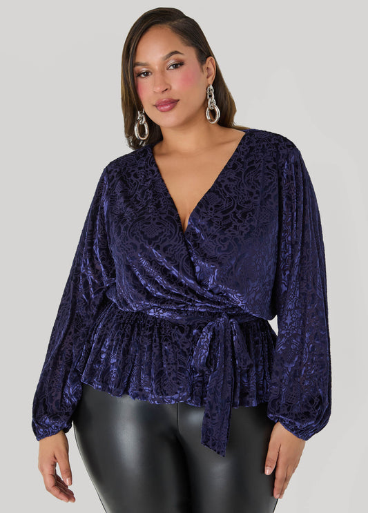 Ashley Stewart Burnout Velvet Faux Wrap Top Navy