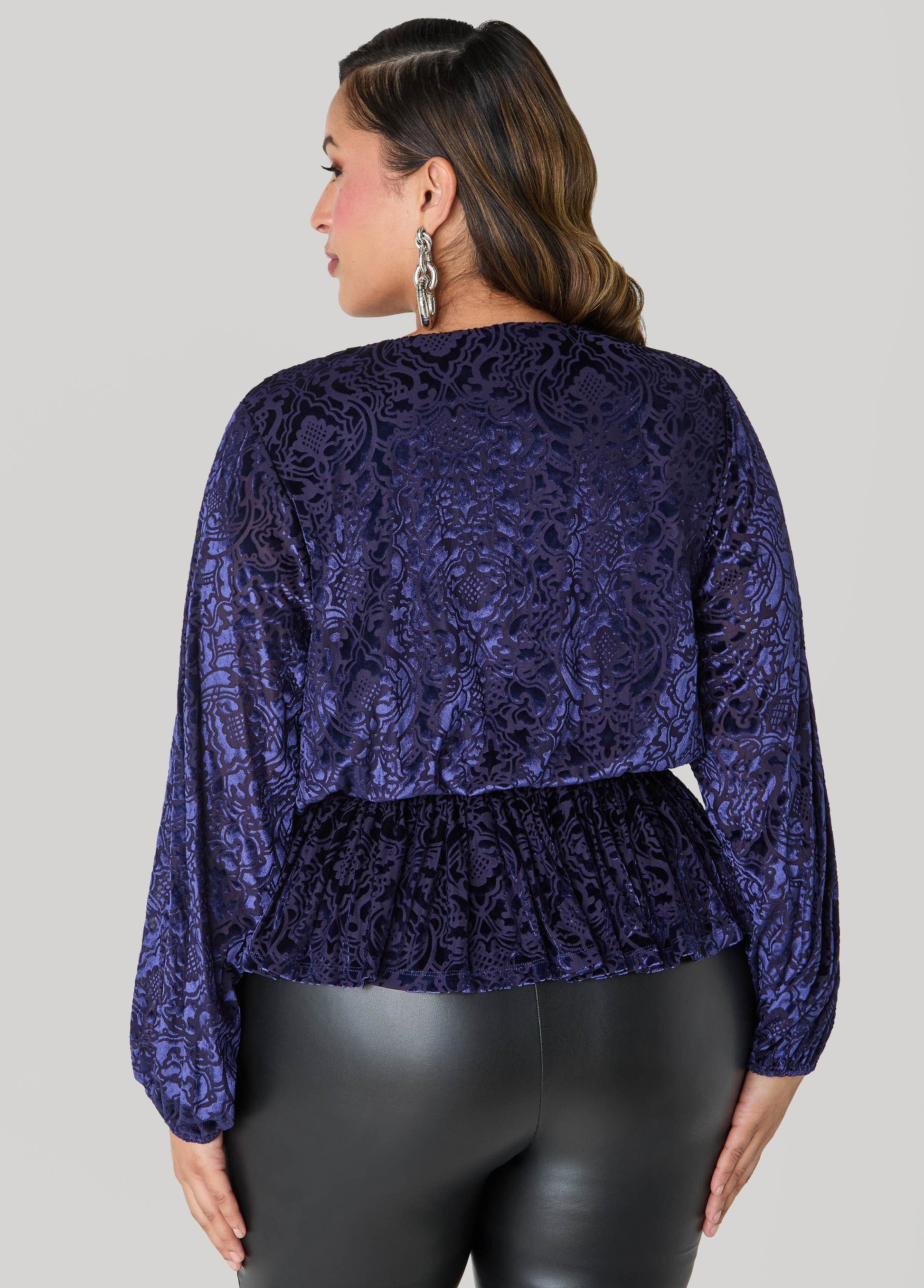 Ashley Stewart Burnout Velvet Faux Wrap Top Navy