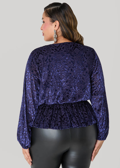 Ashley Stewart Burnout Velvet Faux Wrap Top Navy