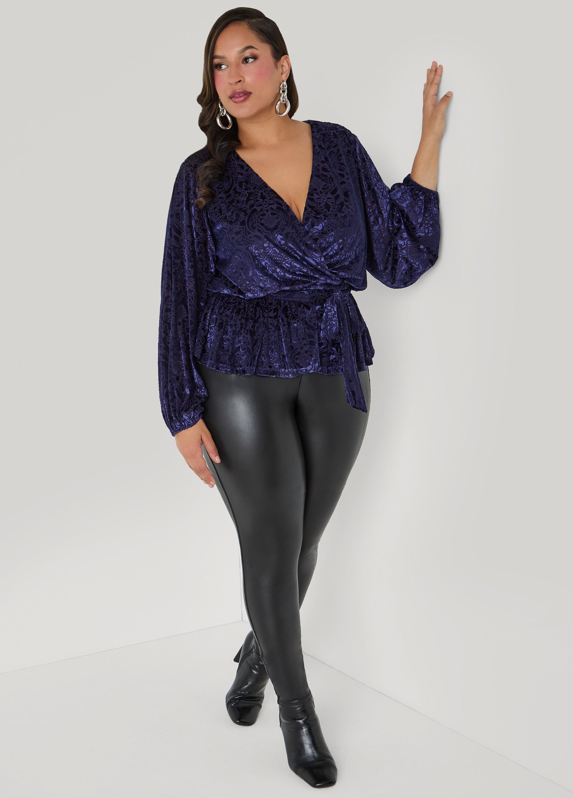 Ashley Stewart Burnout Velvet Faux Wrap Top Navy