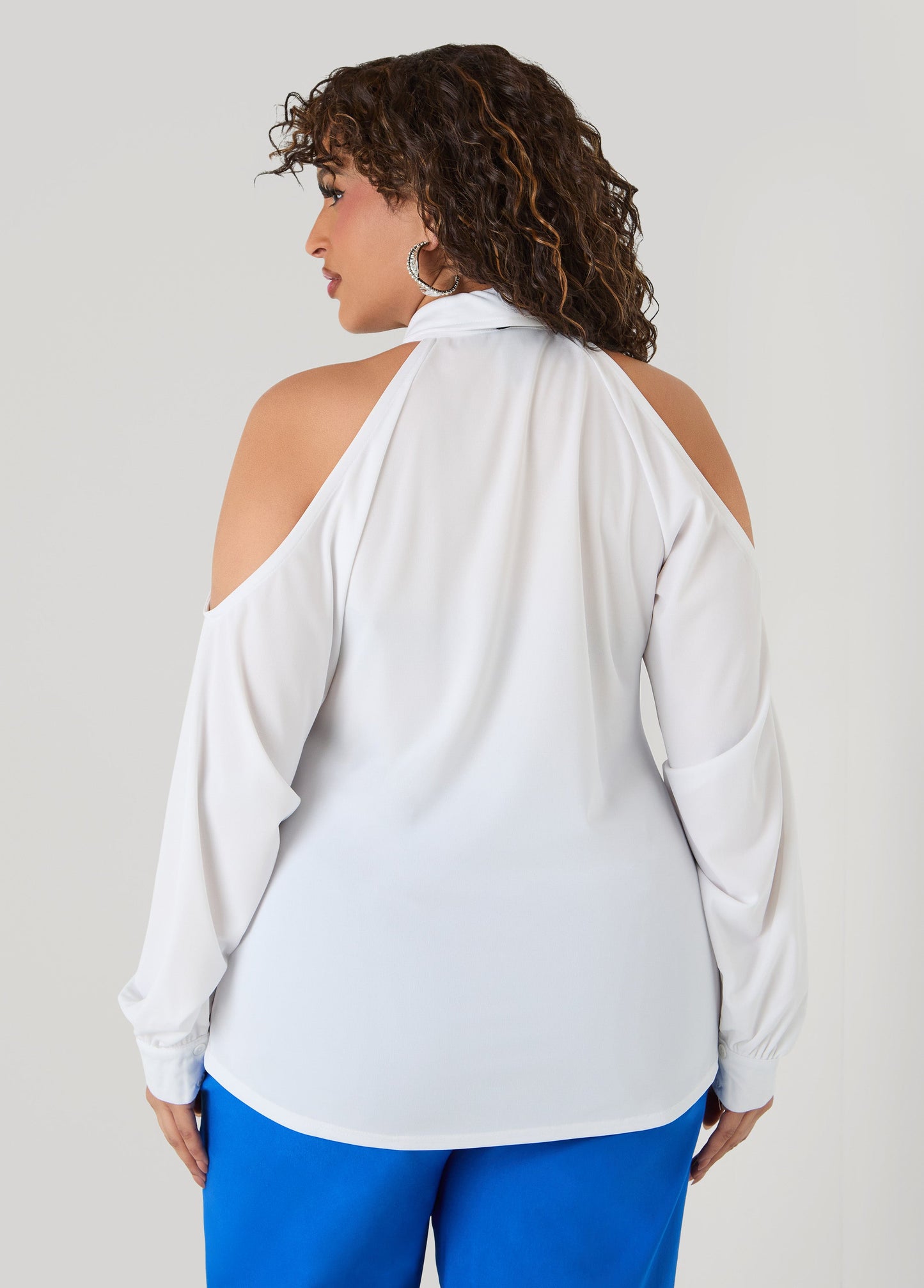 Ashley Stewart Cold Shoulder Tie Shirt Black White