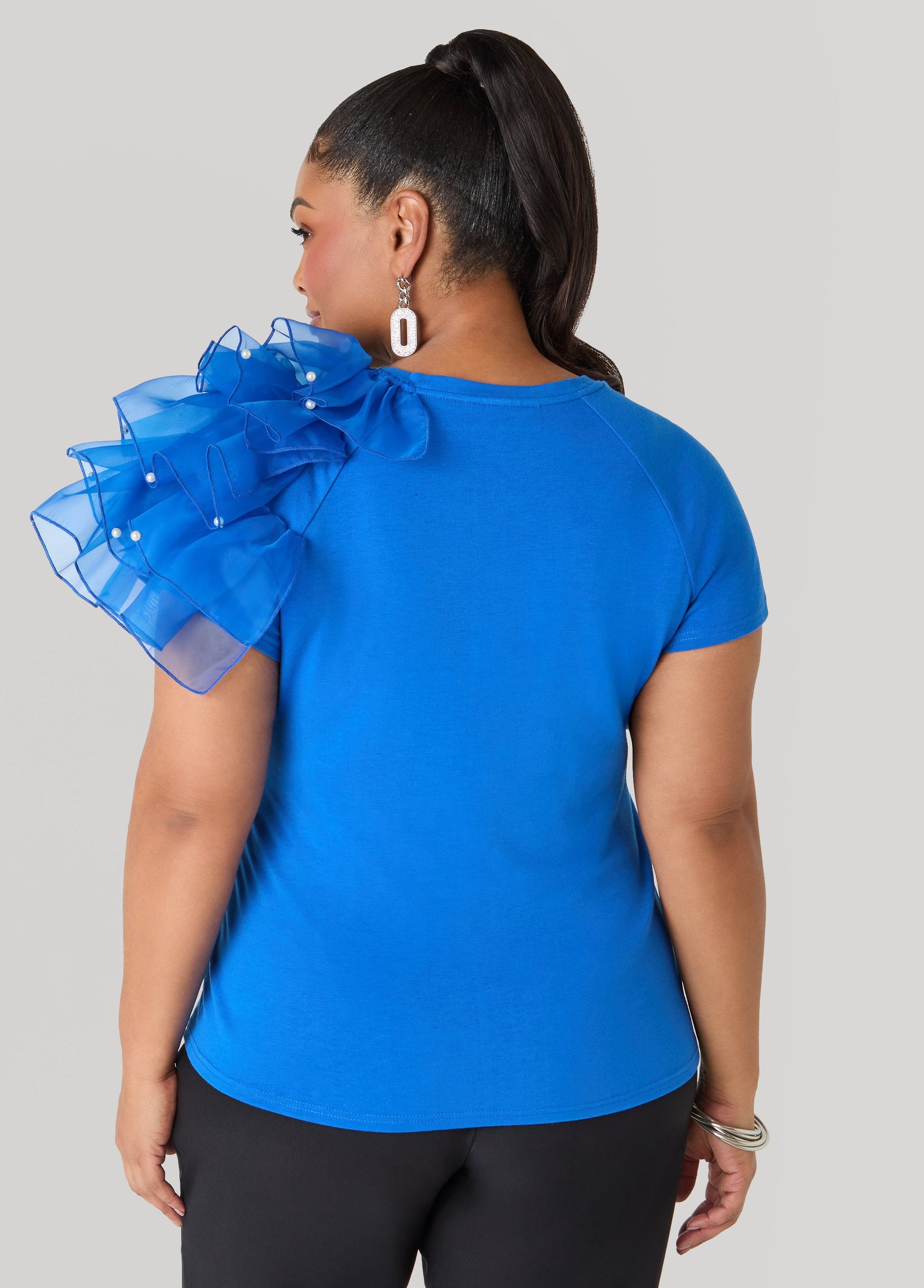 Ashley Stewart Slay Embellished Ruffled Tee Victoria Blue