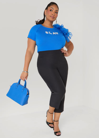 Ashley Stewart Slay Embellished Ruffled Tee Victoria Blue
