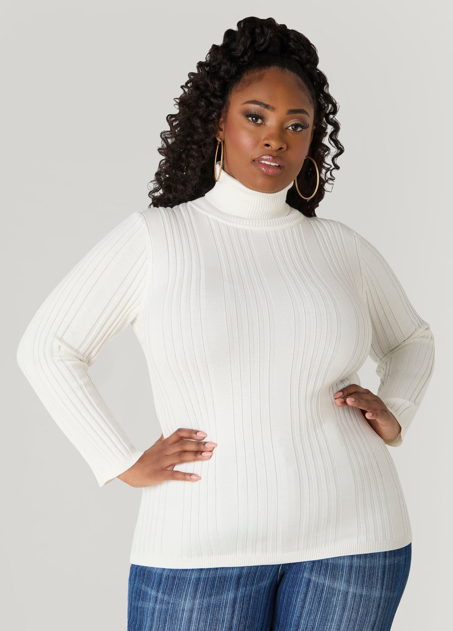 Ashley Stewart Turtleneck Ribbed Knit Sweater White
