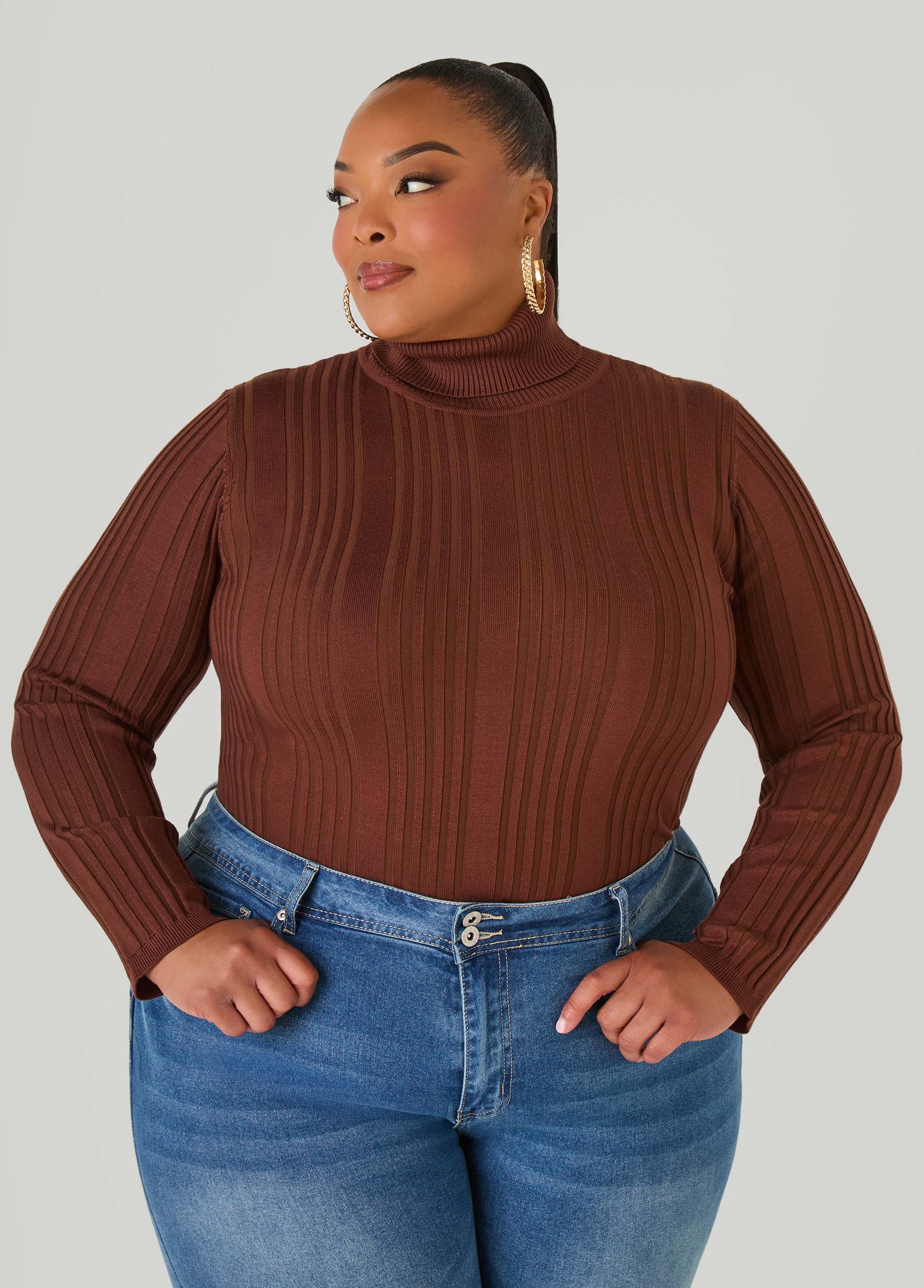Ashley Stewart Turtleneck Ribbed Knit Sweater White