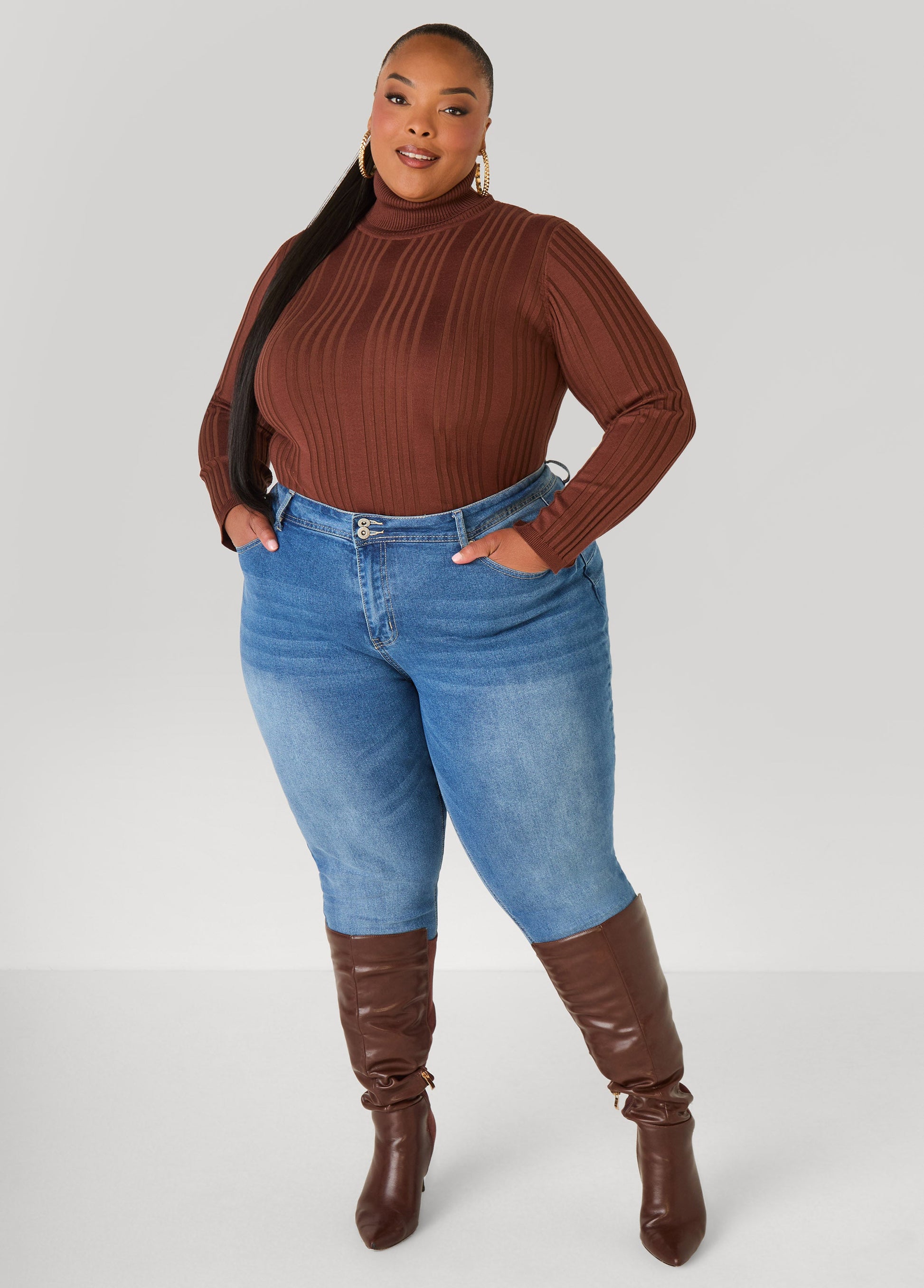 Ashley Stewart Turtleneck Ribbed Knit Sweater White