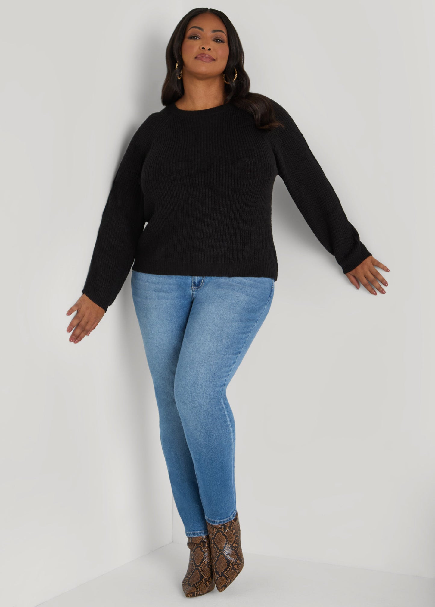 Ashley Stewart Ribbed Raglan Sweater Black