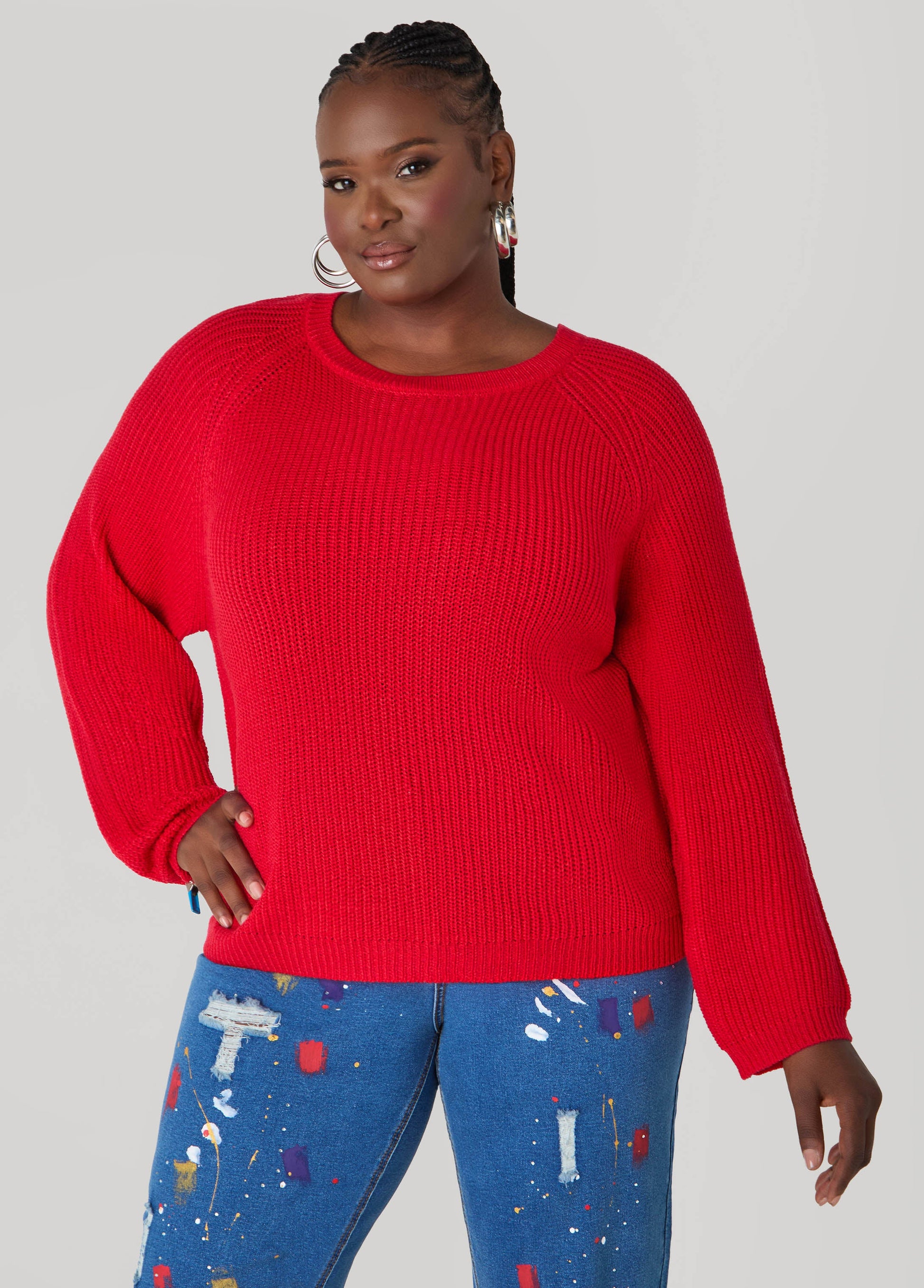 Ashley Stewart Ribbed Raglan Sweater Black