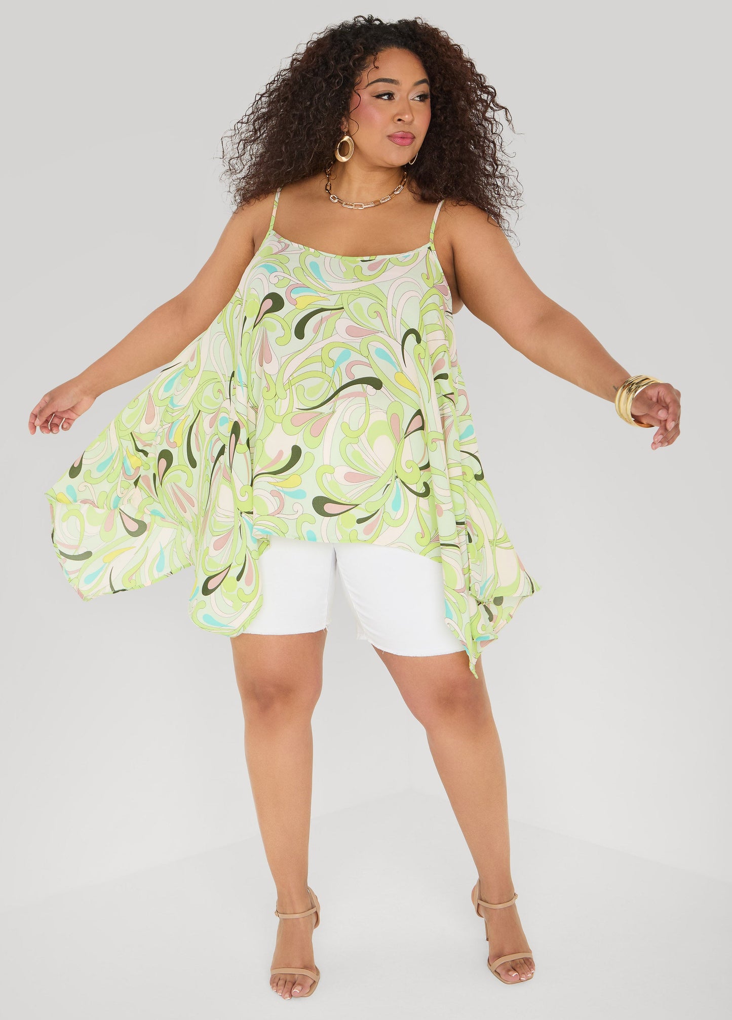 Ashley Stewart Paisley Print Handkerchief Tank Green