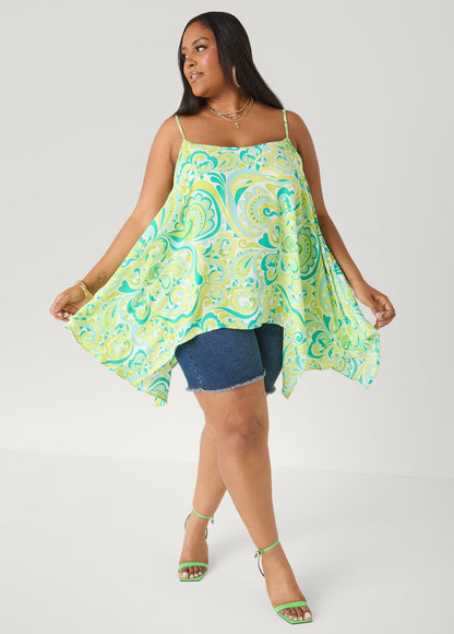 Ashley Stewart Paisley Print Handkerchief Tank Green